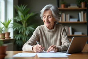 Femme âgée consulte ses documents de retraite à la maison