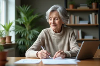 Femme âgée consulte ses documents de retraite à la maison