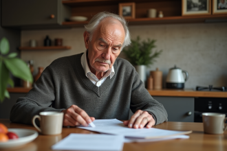Homme age examine documents de retraite dans une cuisine chaleureuse