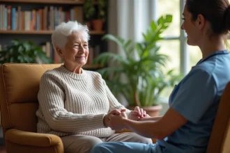 Seniore souriante avec aidante dans un salon chaleureux