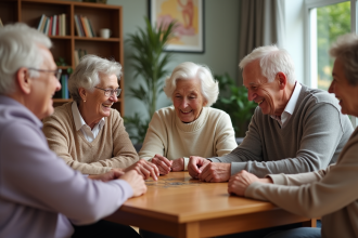 Groupe de seniors jouant à un jeu de société dans une salle chaleureuse