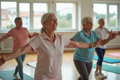 Senior active guidant séance de stretching à Nice