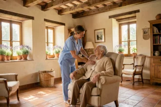 Aide à domicile dans l'Aude : une auxiliaire de vie accompagne une personne âgée chez elle dans un intérieur provençal chaleureux