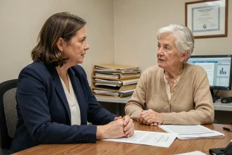 Travailleuse sociale en entretien avec une personne âgée vulnérable dans un bureau municipal