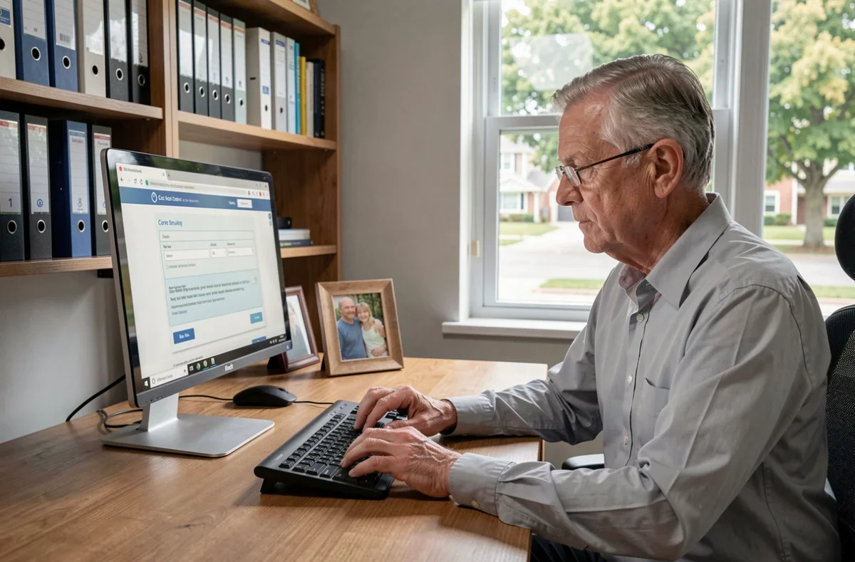 Un homme d'une soixantaine d'années simule le budget d'une aide à domicile pour senior sur un ordinateur dans son bureau à la maison