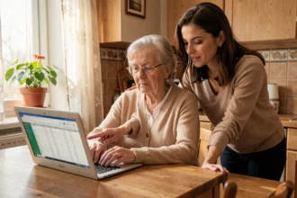 Une femme âgée et sa fille adulte consultent ensemble les tarifs d'une plateforme de soins à domicile pour seniors sur un ordinateur portable dans une cuisine familiale