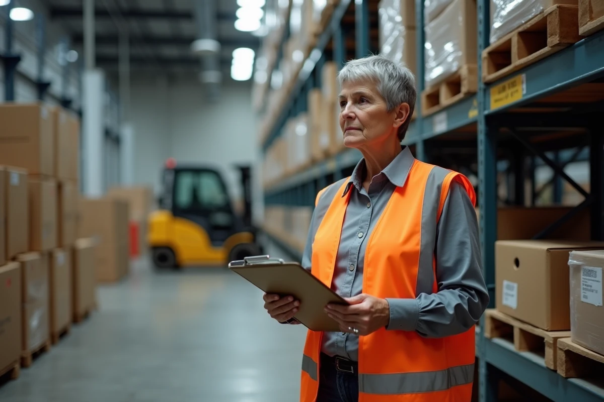 Femme ouvrière en entrepôt industriel portant un gilet de sécurité, représentant les travailleurs exposés à la pénibilité pouvant bénéficier d'un départ anticipé à la retraite