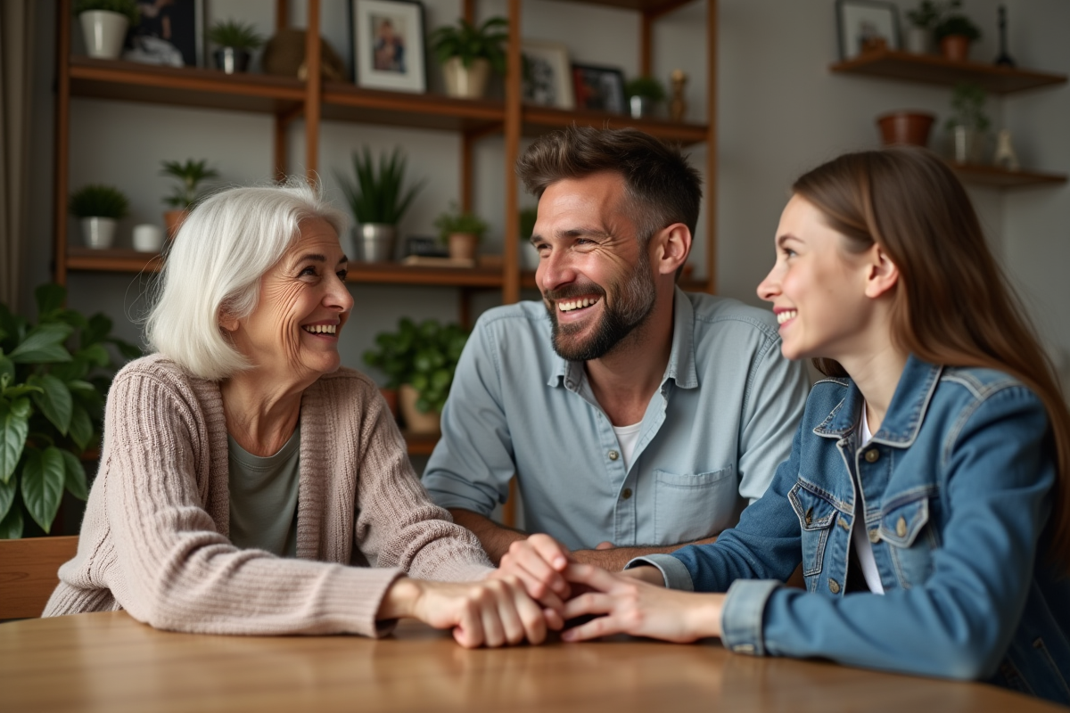 Trois générations de famille autour d'une table en famille