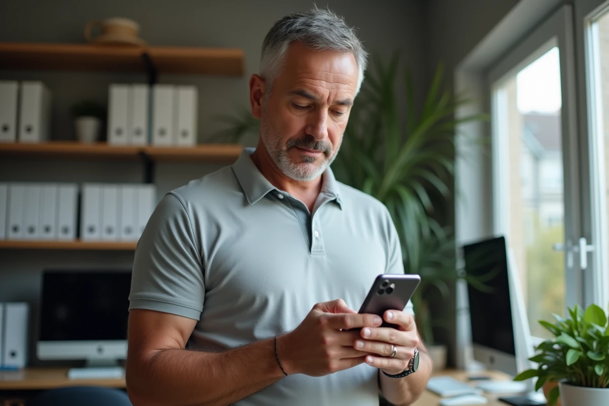 Un tuteur masculin dans un bureau à domicile télécharge l'application Mon Proxima sur un smartphone Android en suivant les étapes