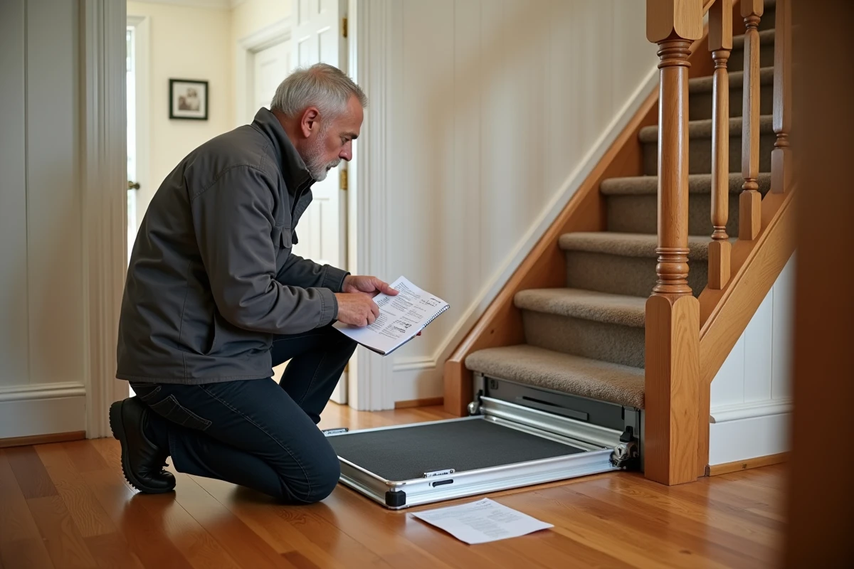 Homme vérifiant les spécifications d'un ascenseur portable pour fauteuil roulant dans un escalier intérieur