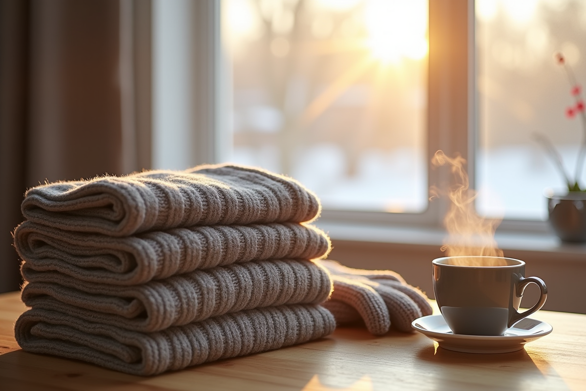 Vêtements thermiques Damart pliés sur une table en bois