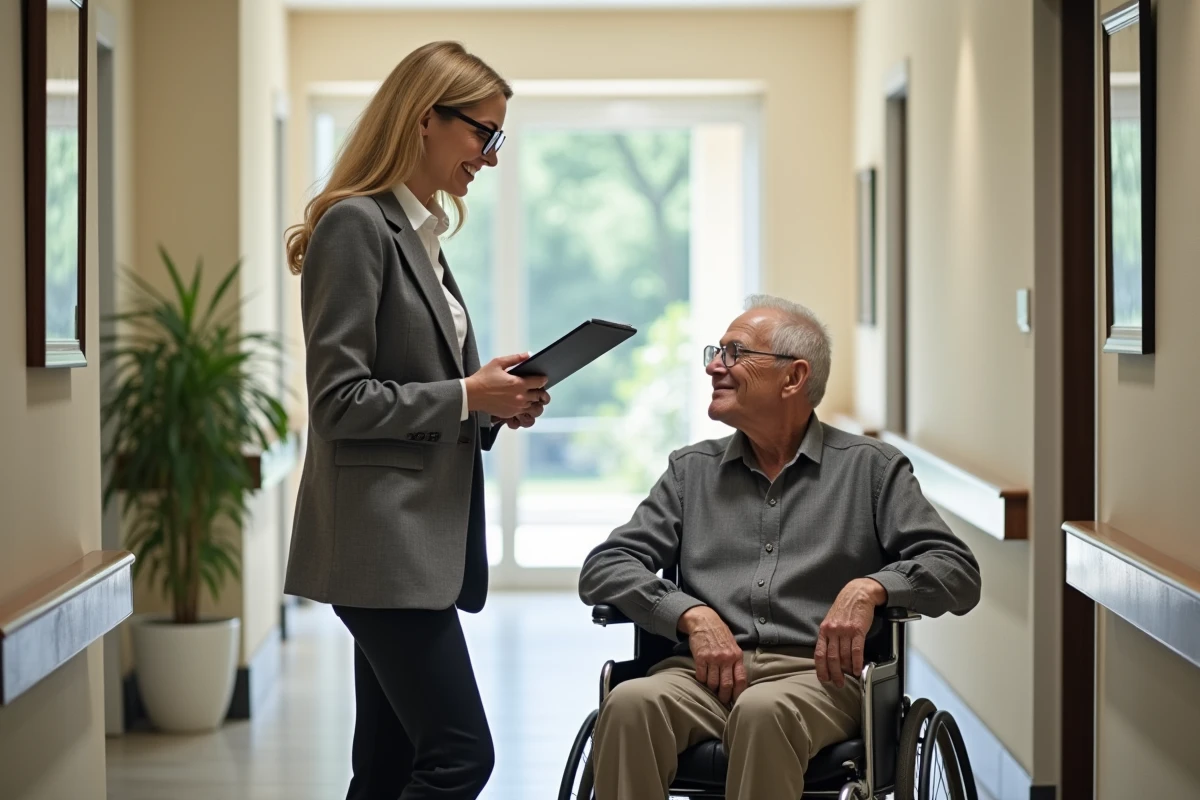 Directrice d'une maison de retraite présentant les services à un résident en fauteuil roulant