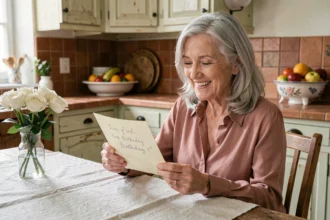 Femme de 70 ans souriante lisant une carte d'anniversaire dans une cuisine de campagne chaleureuse