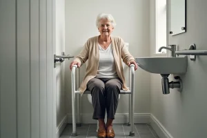 Femme âgée assise sur un WC rehaussé avec barres d'appui dans une salle de bain adaptée PMR