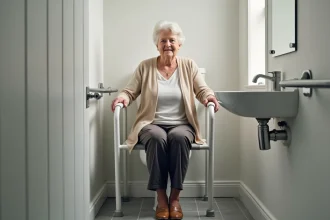 Femme âgée assise sur un WC rehaussé avec barres d'appui dans une salle de bain adaptée PMR